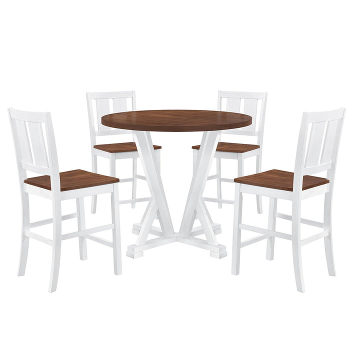 Rustic Farmhouse 5-Piece Counter Height Dining Table Set, Round Kitchen set with 4 Dining Chairs and Thick Tabletop, Brown