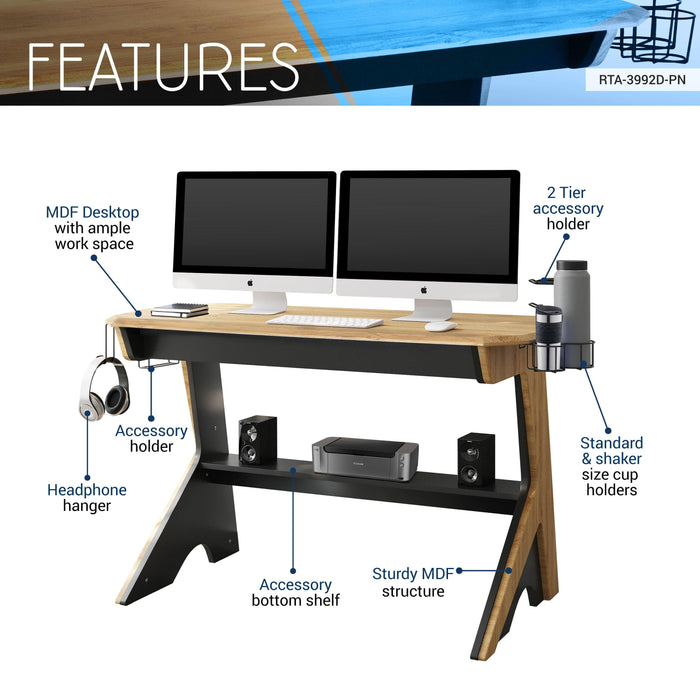 Techni Mobili Home Office Computer Writing Desk Workstation  with  Two Cupholders and a Headphone Hook- Pine