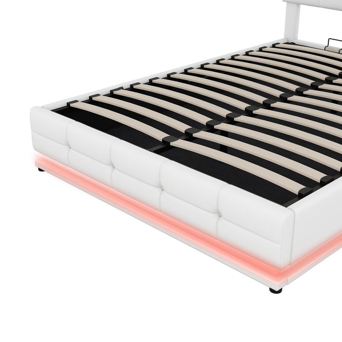Full Size Tufted Upholstered Platform Bed with HydraulicStorage System,PUStorage Bed with LED Lights and USB charger, White