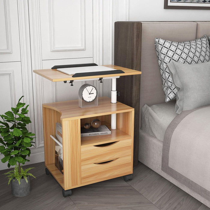 Height Adjustable Overbed End Table Wooden Nightstand with Swivel Top,Storage Drawers, Wheels and Open Shelf,  (White Maple)