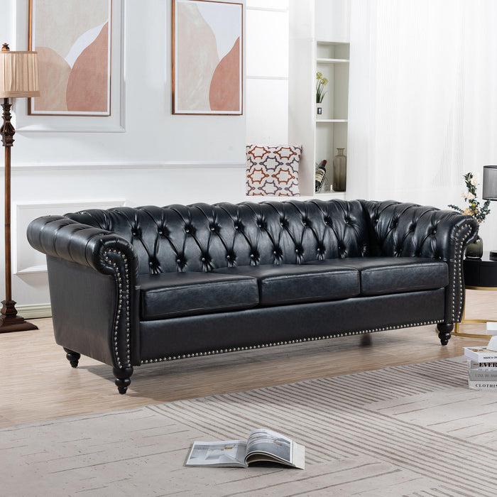 84.65" BLACK PU Rolled Arm Chesterfield Three Seater Sofa.