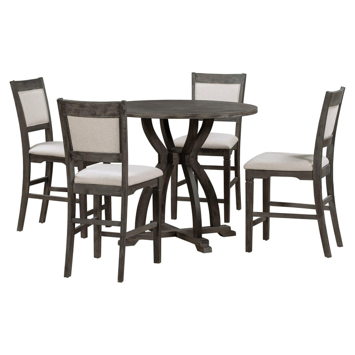 Farmhouse 5-Piece Round Dining Table Set with Trestle Legs and 4 Upholstered Dining Chairs for Small Place, Gray