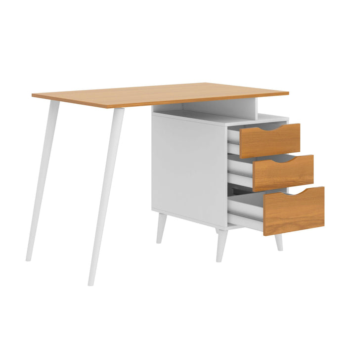 Wooden Office Computer Desk with Angled Legs & Attached File Cabinet, White & Brown
