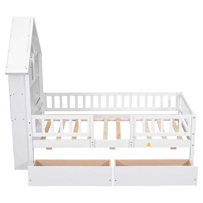 Twin Size House-Shaped Headboard Bed with Fence Guardrails and Drawers ,White