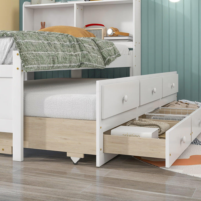 Twin Bed with Bookcase,Twin Trundle,Drawers,White