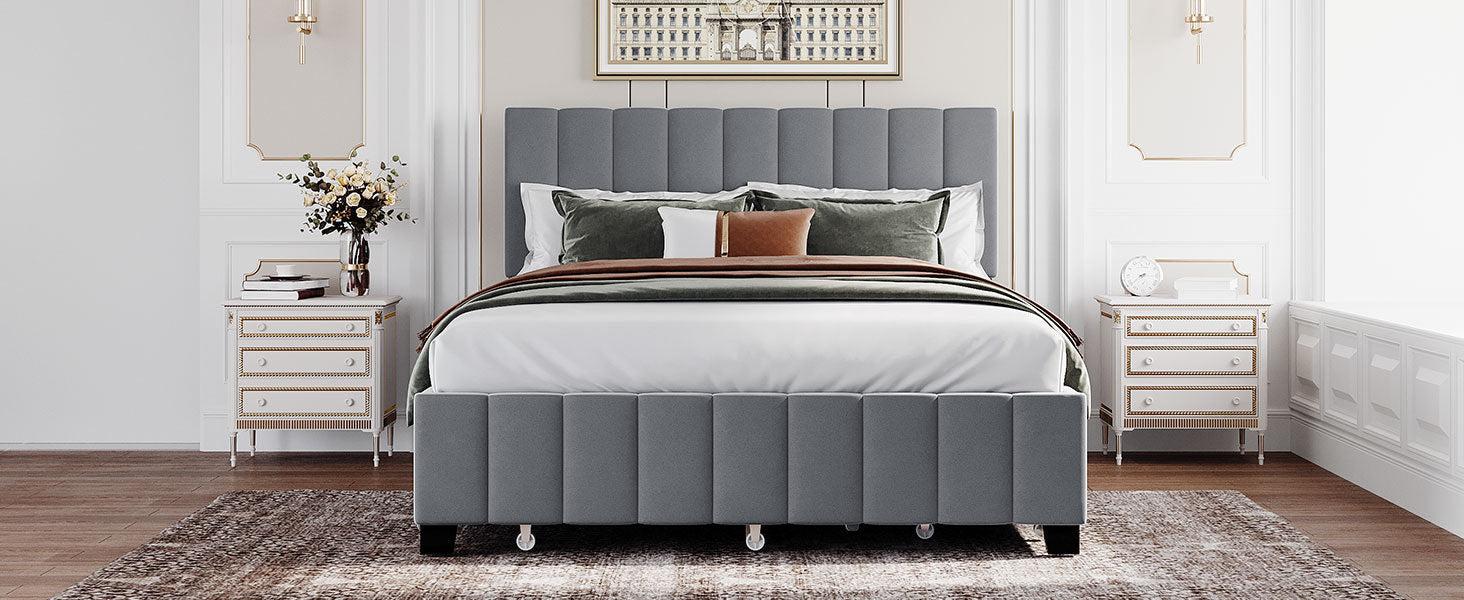 Queen Size Velvet Upholstered Platform Bed with 2 Drawers and 1 Twin XL Trundle- Gray
