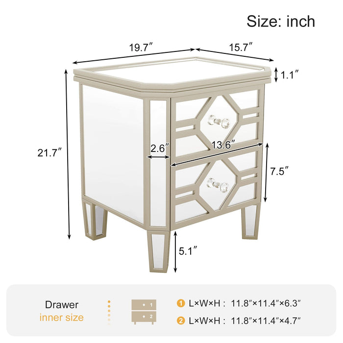 Elegant Mirrored 2-Drawer Side Table with lden Lines for Living Room, Hallway, Entryway