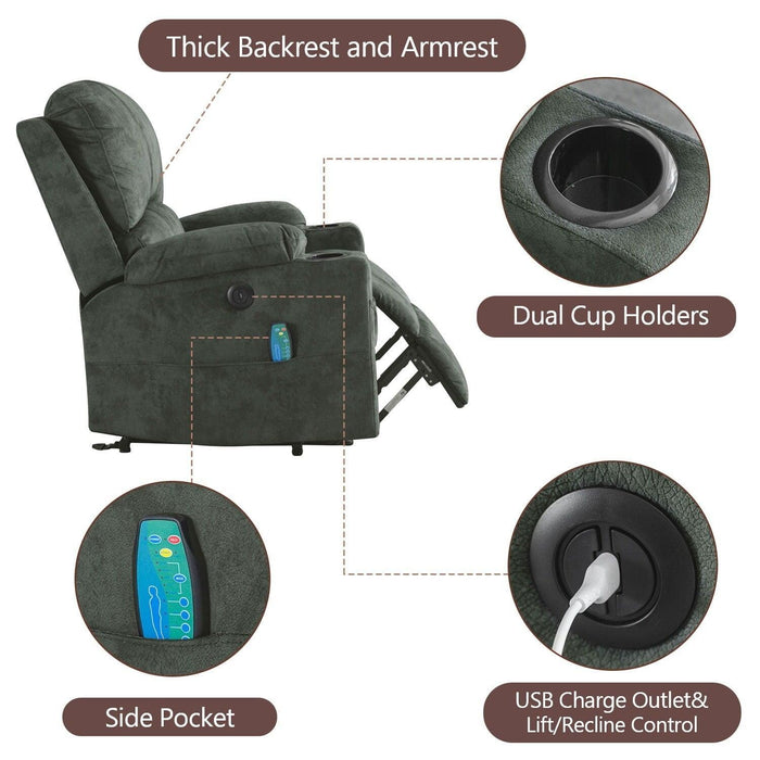 Power Lift Recliner Chair with Heated and Vibration Massage for Elderly, Heavy Duty and Safety Motion Reclining Mechanism Electric Recliner Sofa with USB Port, 2 Cup Holders, camel