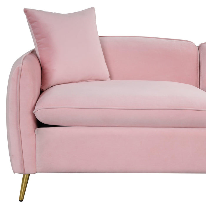 77.5" Velvet Upholstered Sofa with Armrest Pockets,3-Seat Couch with 2 Pillows and lden Metal Legs for Living Room,Apartment,Home Office,Pink