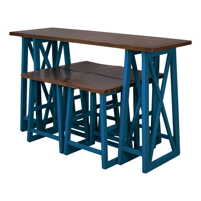 Rustic Counter Height 5-Piece Dining Set, Wood Console Table Set with 4 Stools for Small Places,Walnut+Blue