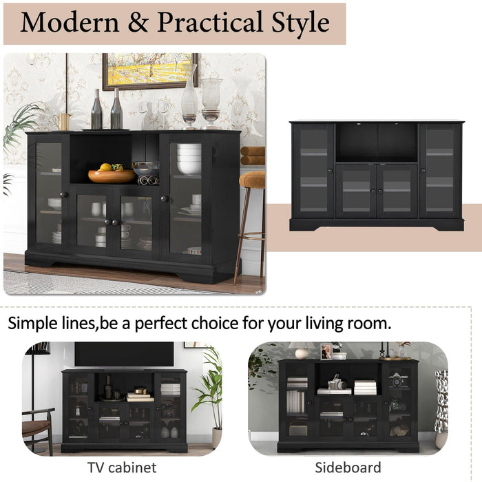 TV Stand for TV up to 60in with 4 Tempered Glass Doors Adjustable Panels Open Style Cabinet, Sideboard for Living room, Black