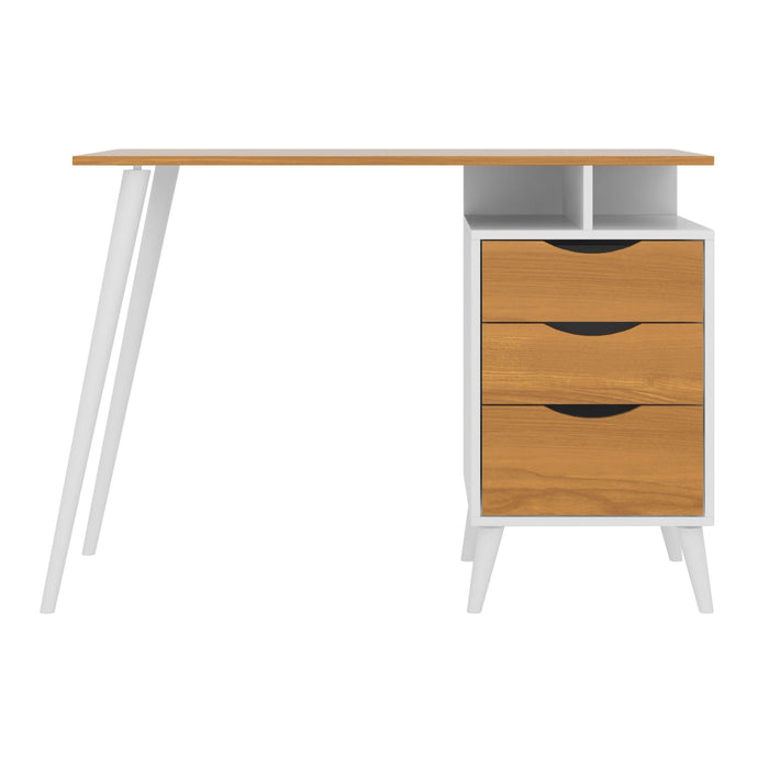 Wooden Office Computer Desk with Angled Legs & Attached File Cabinet, White & Brown