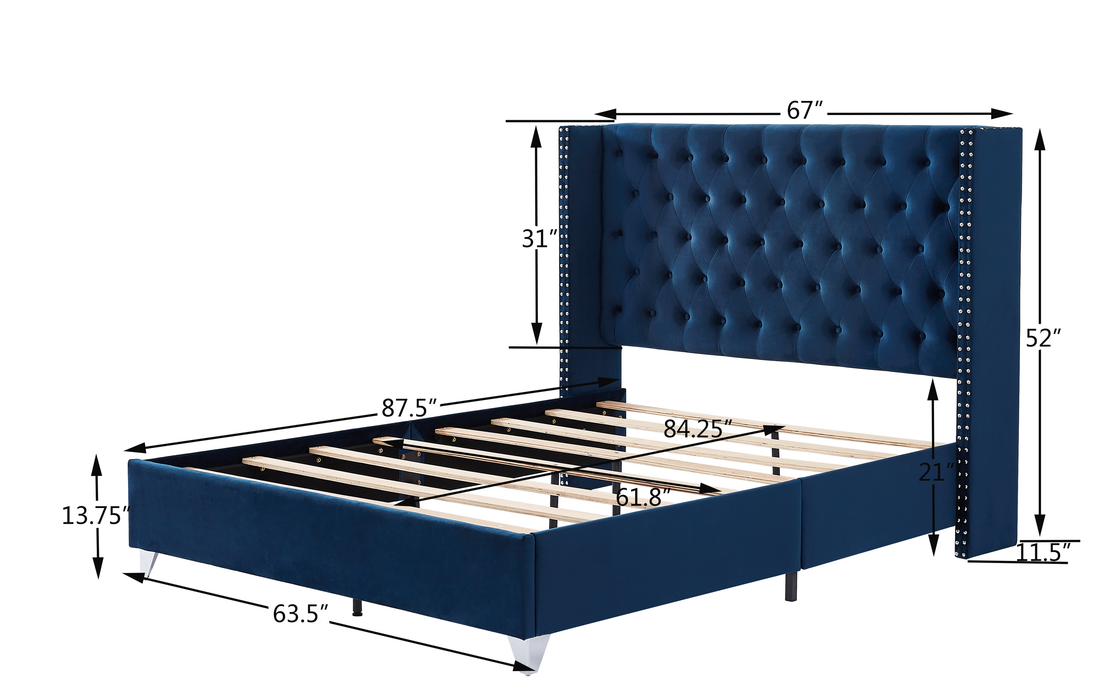 B100S Queen bed with one nightstand, Button designed Headboard,strong wooden slats + metal legs with Electroplate