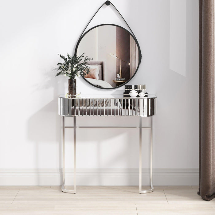 Mirrored Vanity Table, Mirrored Dressing Table, Stainless Steel Glossy Frame Desk for Bedroom Studio Office(Gray Striped Mirrored)