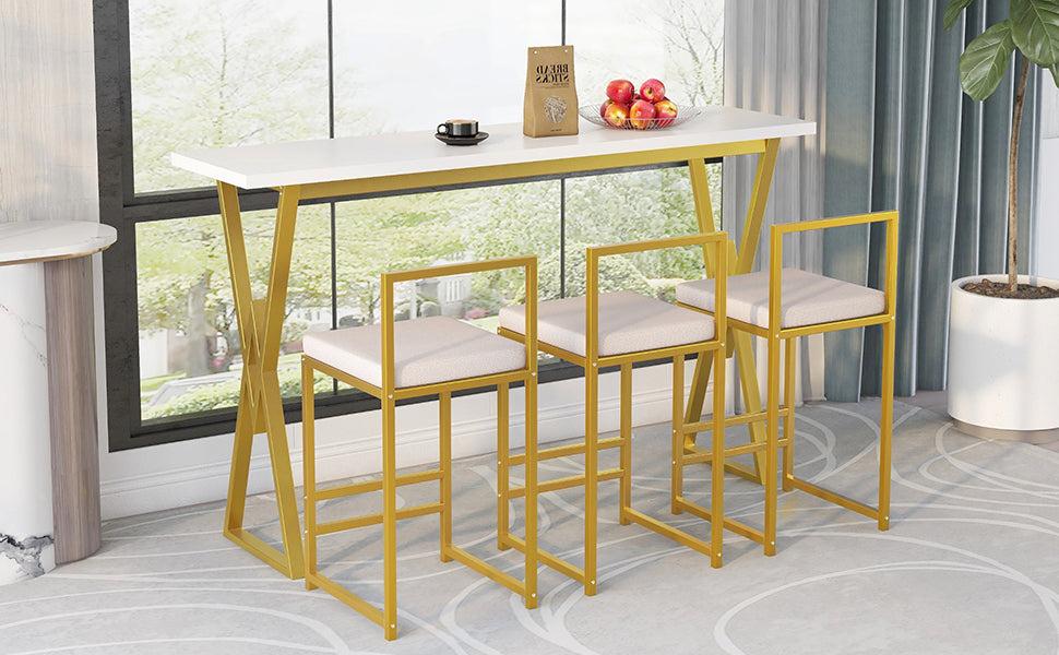 Modern 4-Piece Counter Height Extra Long Console Bar Dining Table Set with 3 Padded Stools for Small Places, ld