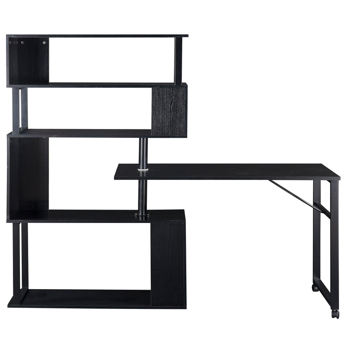 Home Office Computer Desk L-Shaped Corner Table, Rotating Computer Table with 5-Tier Bookshelf, Four Installation Methods, Lockable Casters (Black)