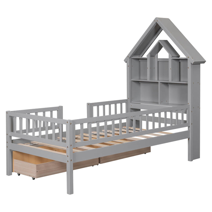 Twin Size House-Shaped Headboard Bed with Fence Guardrails and Drawers ,Gray