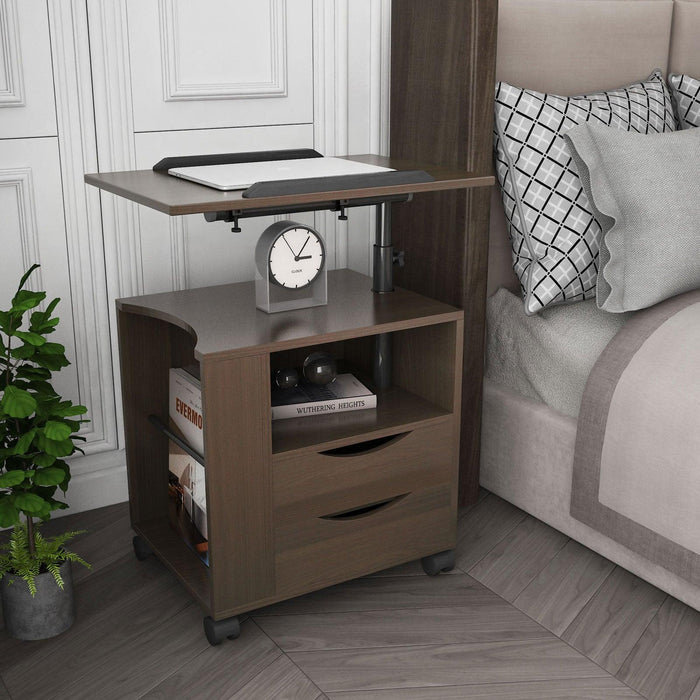 Height Adjustable Overbed End Table Wooden Nightstand with Swivel Top,Storage Drawers, Wheels and Open Shelf,  (Black oak)