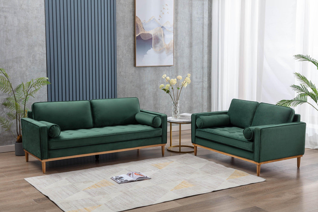 Fancy Style Living Room Furniture Green Velvet 1pc Sofa with Wooden Legs Pocket Coils Seating