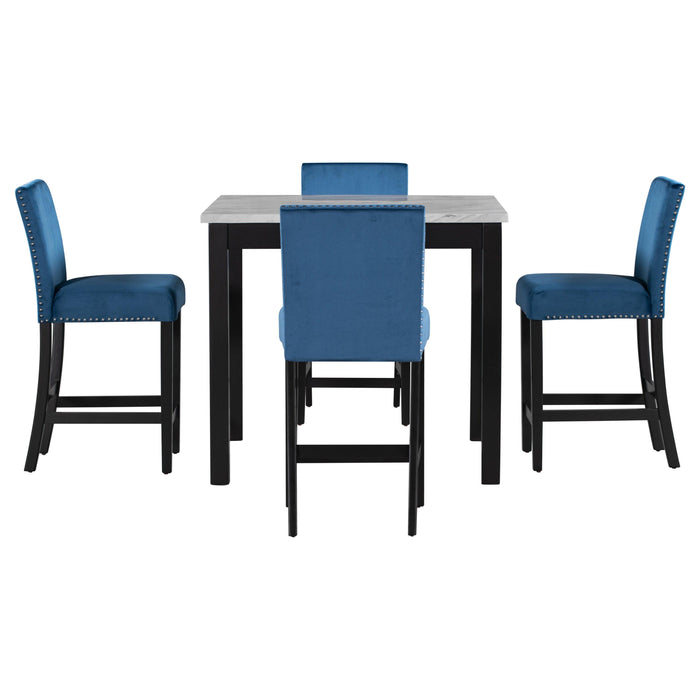 5-piece Counter Height Dining Table Set with One Faux Marble Dining Table and Four Upholstered-Seat Chairs, Table top: 40in.L x40in.W, for Kitchen and Living room Furniture,Blue