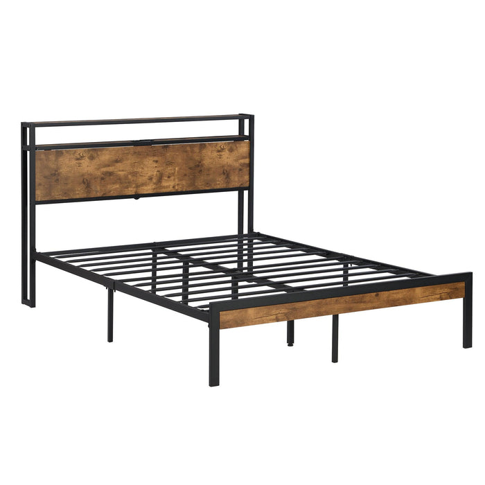 Queen Size  Metal Platform Bed Frame with Wooden Headboard and Footboard with USB LINER, No Box Spring Needed, Large Under BedStorage, Easy Assemble