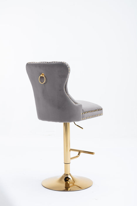 Swivel Bar Stools Chair Set of 2Modern Adjustable Counter Height Bar Stools, Velvet Upholstered Stool with Tufted High Back & Ring Pull for Kitchen , Chrome Golden Base, Grey