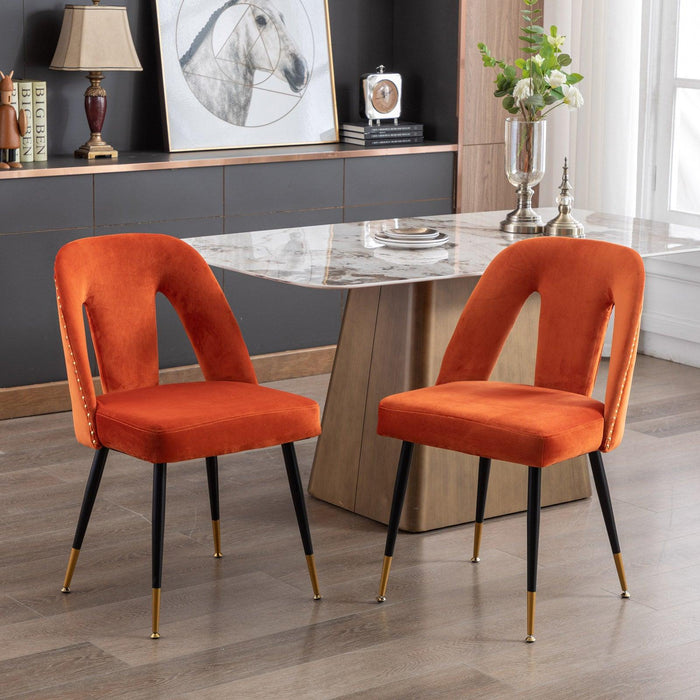 Akoya CollectionModern | Contemporary Velvet Upholstered Dining Chair with Nailheads and Gold Tipped Black Metal Legs, Orange，Set of 2