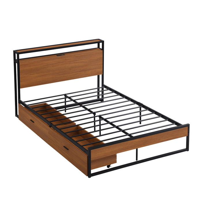 Full Size Metal Platform Bed Frame with  Two Drawers,Sockets and USB Ports ,Slat Support No Box Spring Needed Black
