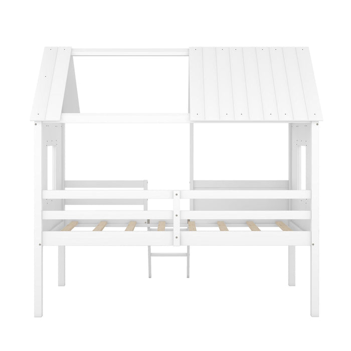 Twin Size Low Loft Wood House Bed with Two Side Windows  (White)