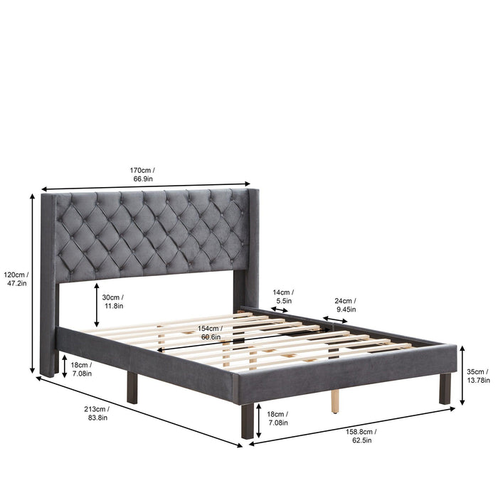 Velvet Button Tufted-Upholstered Bed with Wings Design - Strong Wood Slat Support - Easy Assembly - Gray, Queen, platform bed