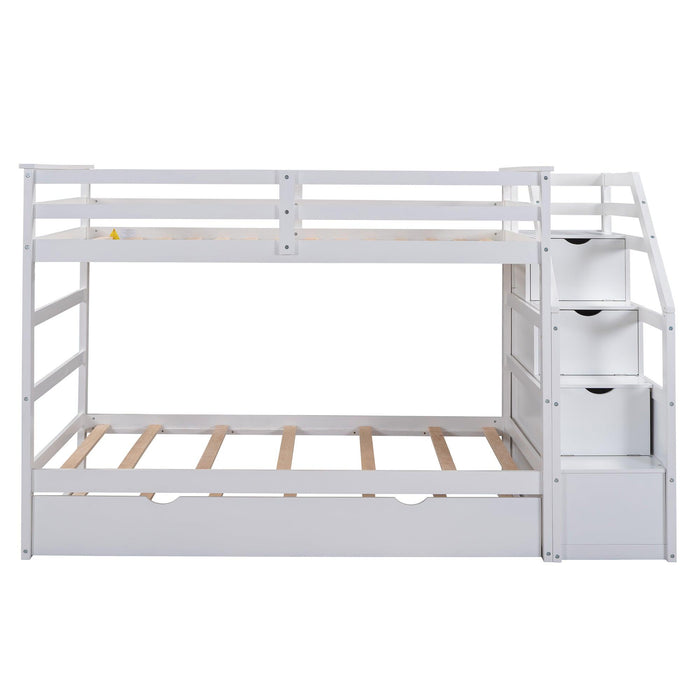 Twin over Twin Bunk Bed withStorage Staircase and Twin Size Trundle Bed - White