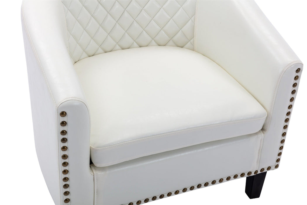 accent Barrel chair living room chair with nailheads and solid wood legs  white  pu leather