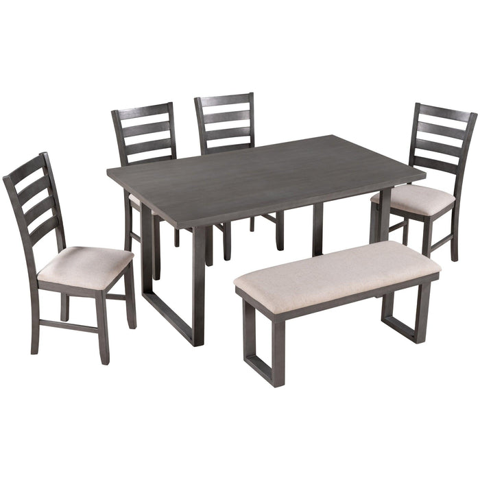 6-Pieces Family Furniture, Solid Wood Dining Room Set with Rectangular Table & 4 Chairs with Bench(Gray)