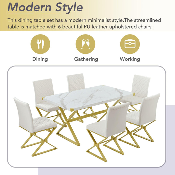 7-PieceModern Dining Table Set, Rectangular Marble Texture Kitchen Table and 6 PU leather Chairs with X-Shaped Gold Steel Pipe Legs for Dining Room (White)