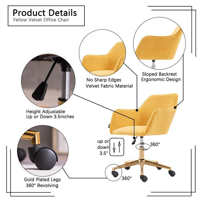 Modern Velvet Fabric Material Adjustable Height 360 Revolving Home Office Chair With Gold Metal Legs And Universal Wheels For Indoor,Yellow