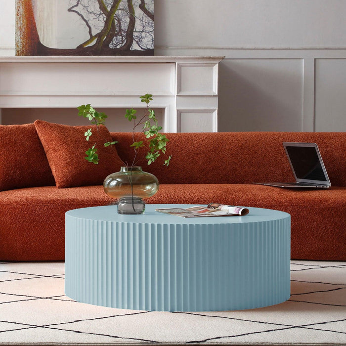 Handcrafted Round Coffee Table End table with Elegant Relief Detailing, Light Blue