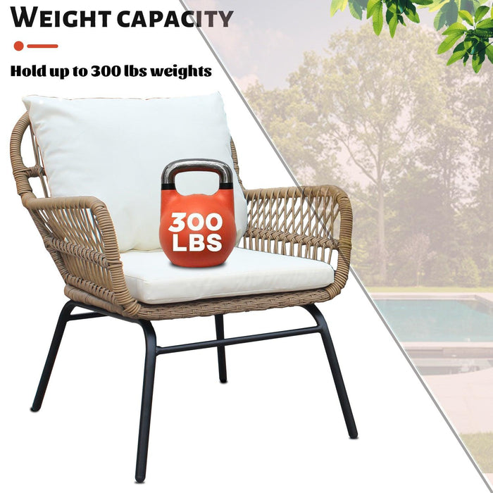 3 PCS Outdoor Patio Balcony Natural Color Wicker Chair Set with Beige Cushion and Round Tempered Glass Table(New)