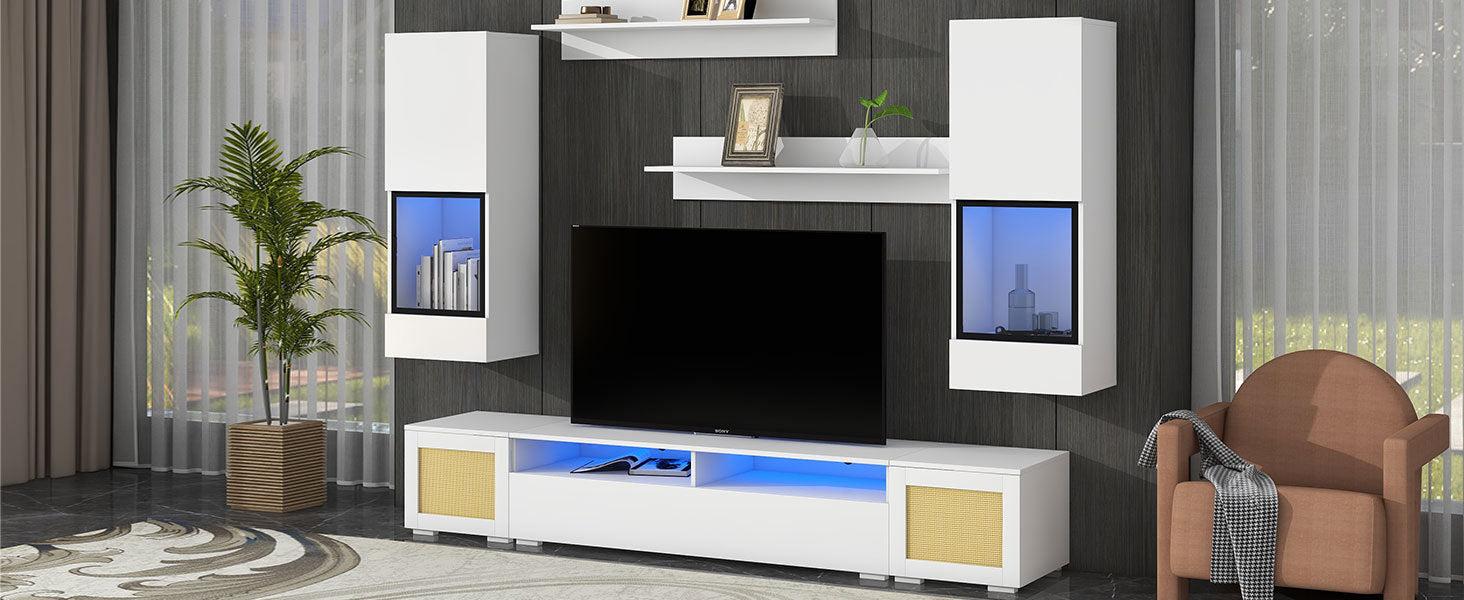 Extended, Rattan Style Entertainment Center, 7 Pieces Floating TV Console Table for TVs Up to 90”, High Gloss Wall Mounted TV Stand with Color Changing LED Lights for Home Theatre, White.