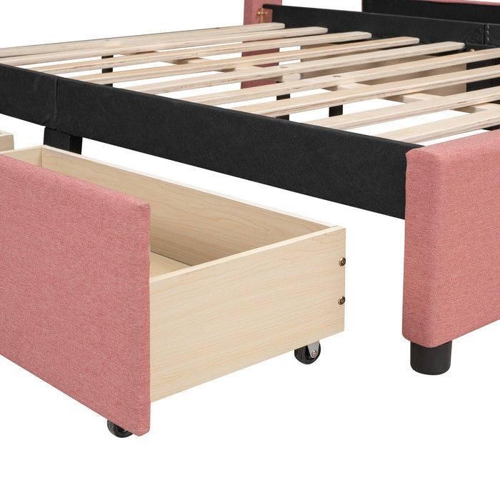 Full Size Upholstered Platform Bed with Brick Pattern Heardboard and 4 Drawers, Linen Fabric, Pink