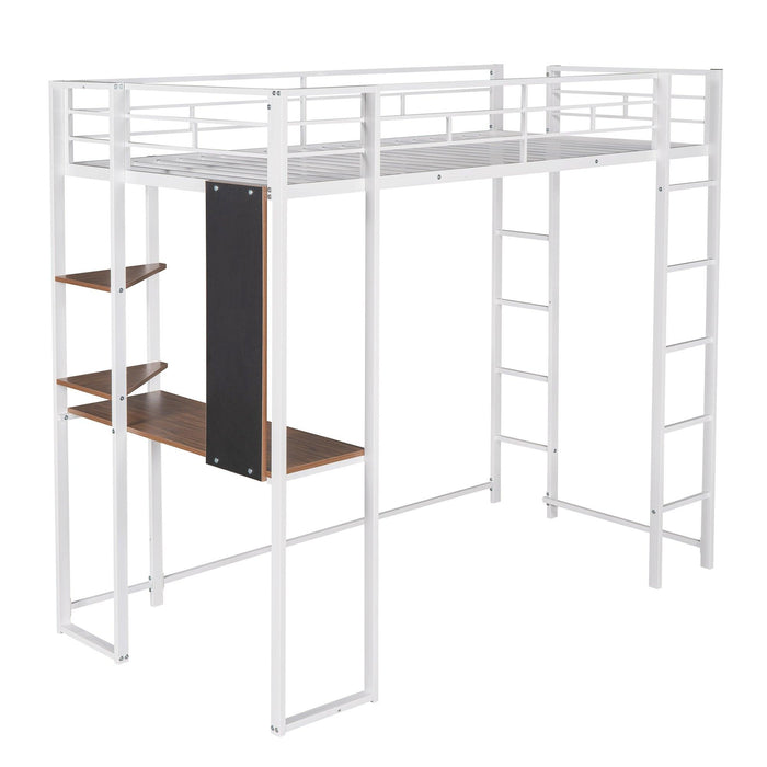 Twin Metal Loft Bed with 2 Shelves and one Desk ,WHITE