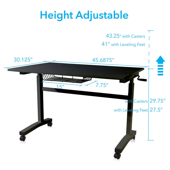 Atlantic Sit Stand Desk with Casters - Black (Height Adjustable) with side crank (switchable either side, left or right side crank)