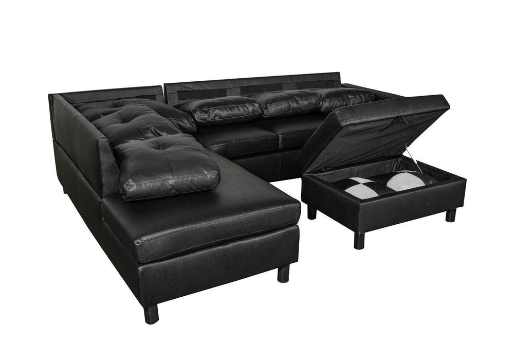 3 Piece Modular Sofa Set, (Black) Faux Leather Right Side Lounger with FreeStorage Footrest