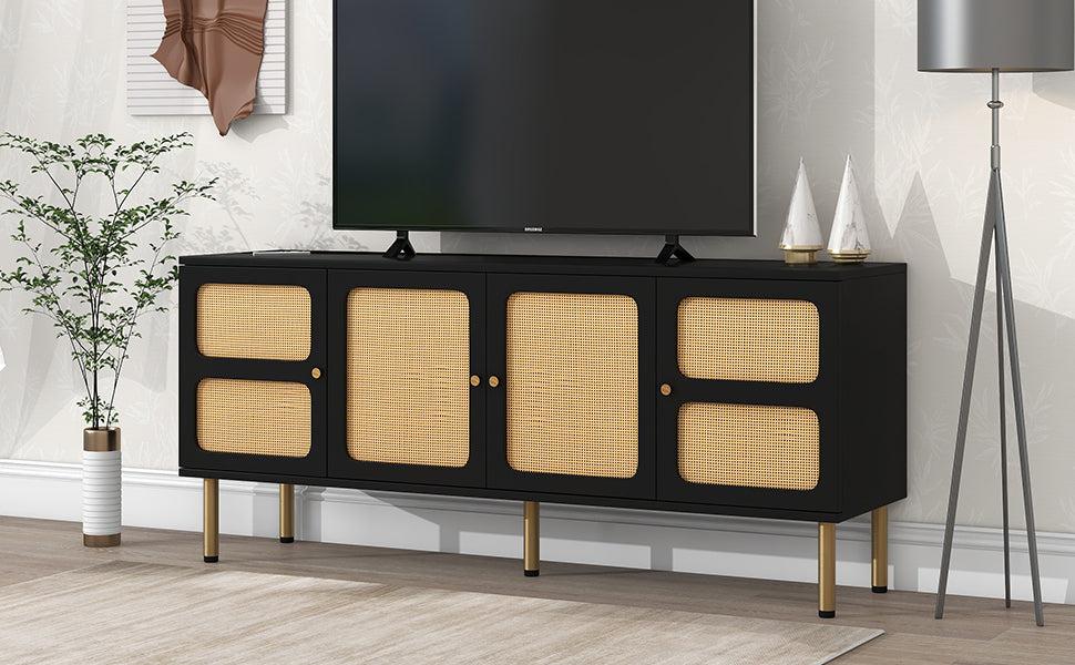 Boho style TV Stand with Rattan Door, Woven Media Console Table for TVs Up to 70”, Country Style Design Side Board with Gold Metal Base for Living Room, Black.
