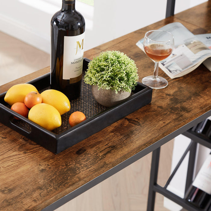Bar table with bottle holder and glass holder, multifunctional high bar table, can hold 8 bottles of wine and 9 glasses, with sideStorage.(Rustic Brown,53.3’’w x 15.75’’d x 36.4’’h)