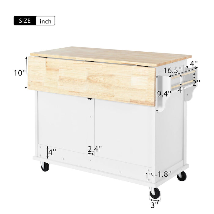 Kitchen Cart with Rubber wood Drop-Leaf Countertop, Concealed sliding barn door adjustable height,Kitchen Island on 4 Wheels withStorage Cabinet and 2 Drawers,L52.2xW30.5xH36.6 inch, White