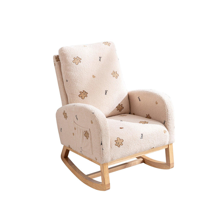 26.8"WModern Rocking Chair for Nursery, Mid Century Accent Rocker Armchair With Side Pocket, Upholstered High Back Wooden Rocking Chair for Living Room Baby Kids Room Bedroom, Beige Boucle