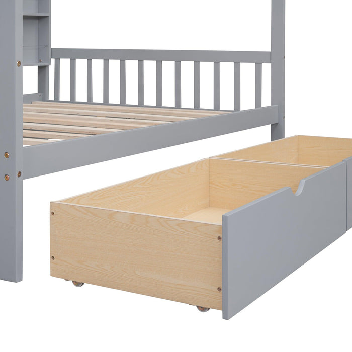 Wooden Full Size House Bed with 2 Drawers,Kids Bed withStorage Shelf, Gray