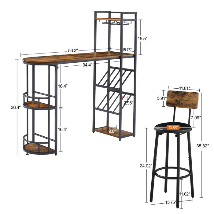 Bar table and stool set with 2 bar stools, with bottle holder, glass holder and side organizer, multifunctional high bar table with space for 8 bottles and 9 glasses.
