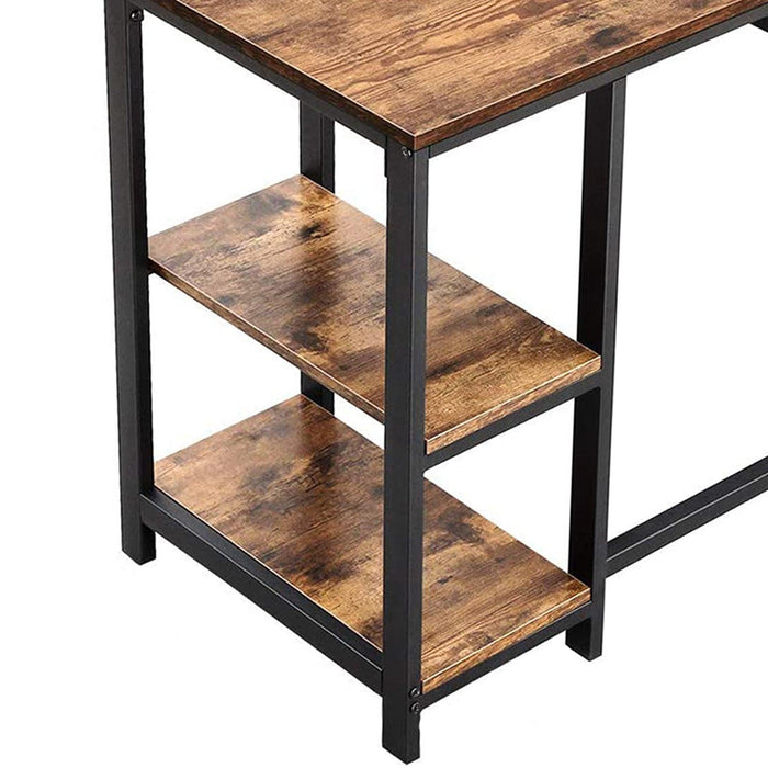 L Shape Wood and Metal Frame Computer Desk with 2 Shelves, Brown and Black