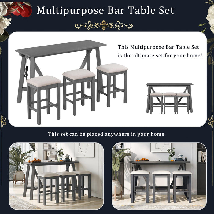 Multipurpose Home Kitchen Dining Bar Table Set with 3 Upholstered Stools(Gray)